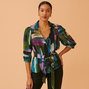 Tasha Vibrant Abstract Wrap Blouse Watercolor Size XL